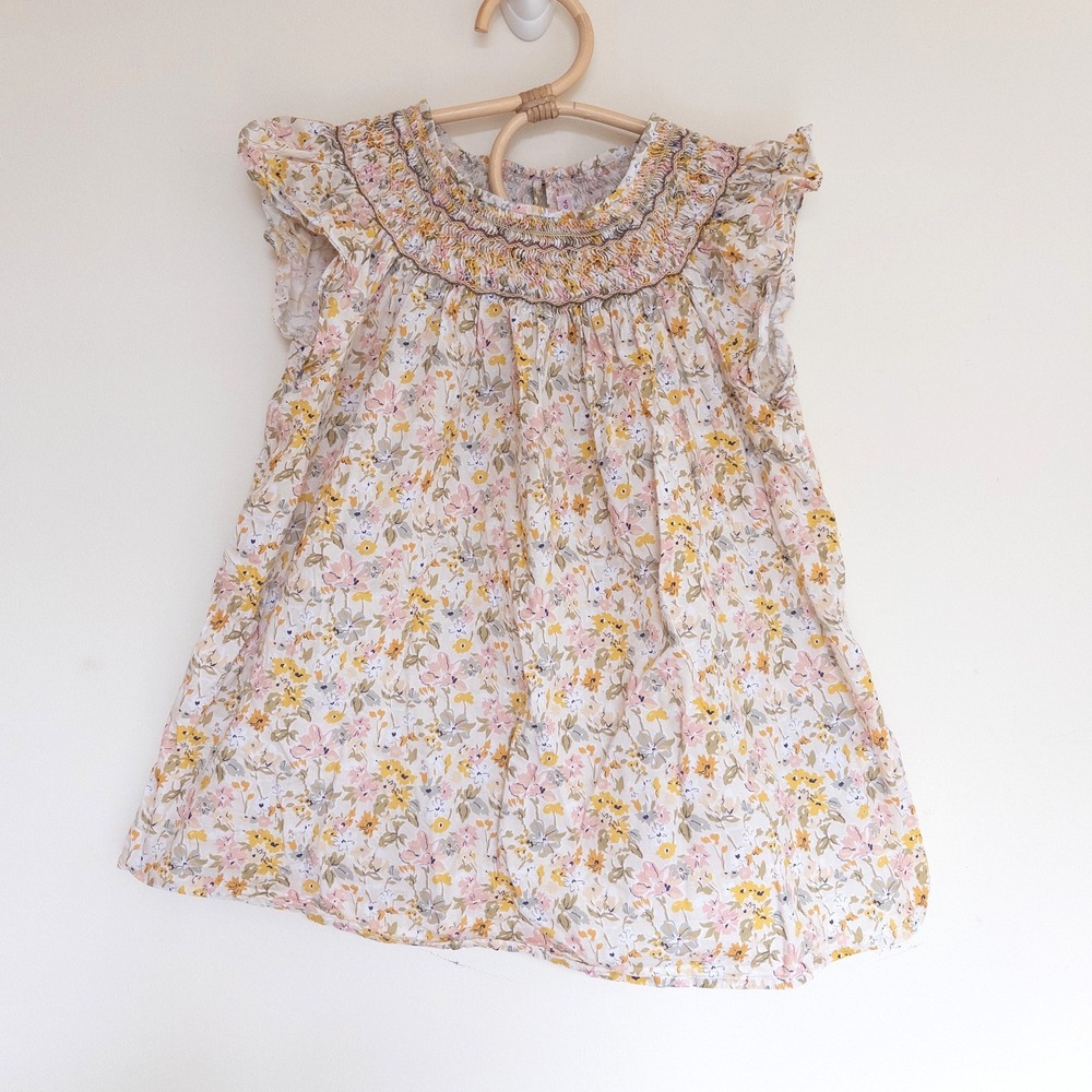 Bonpoint Blouse Floral Smocked Flutter Sleeve Cotton Yellow Kids 10Y